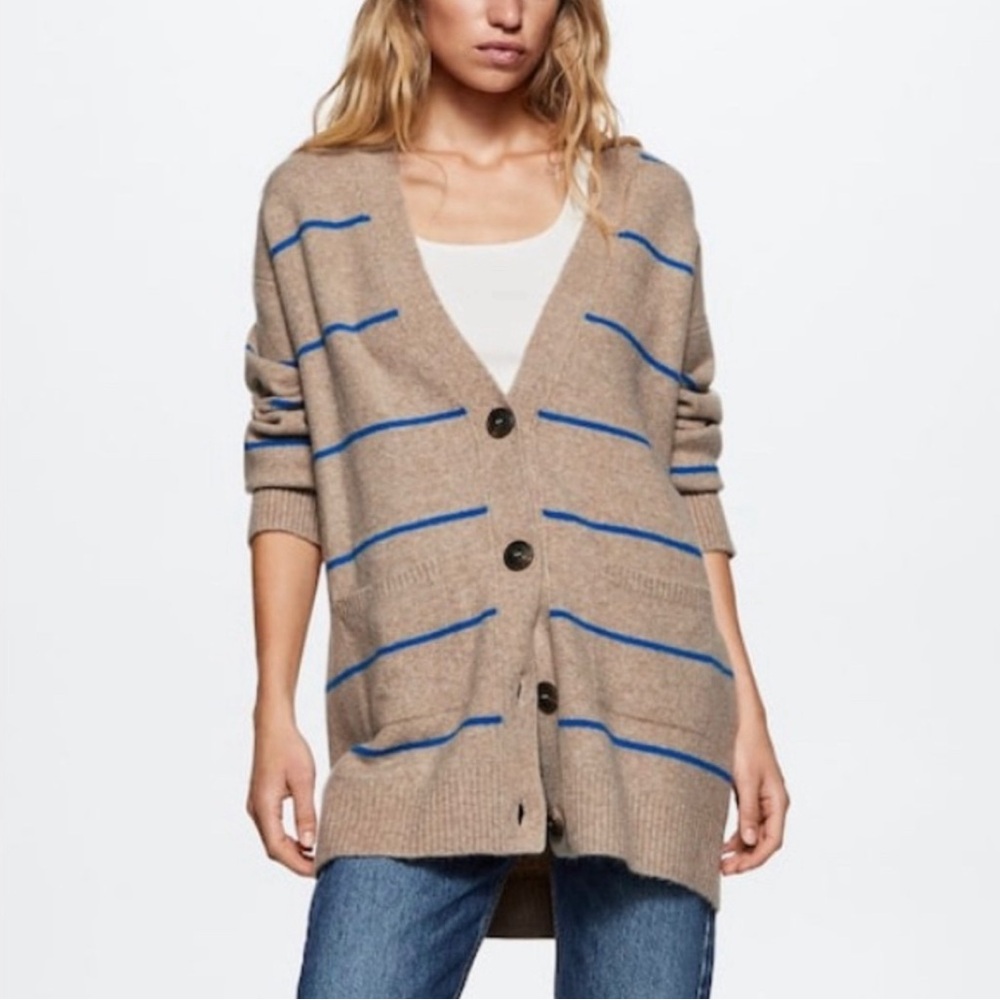 Mango Women's Tan and Blue Striped Sweater